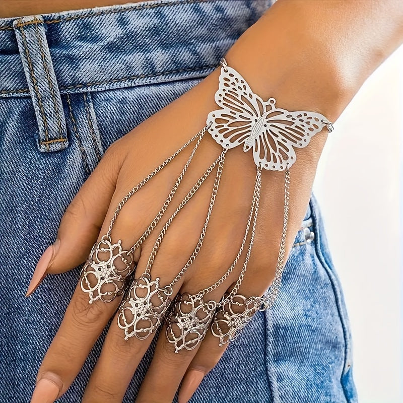 Vintage Butterfly Cuff Bracelet with Ring Chain, Unplated Alloy Hand Chain Jewelry, Hollow Design for Daily Wear - Single Piece